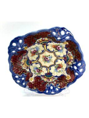 Vtg Hand Painted Floral Cobalt Blue Porcelain Serving Bowl With Intricate Cutout